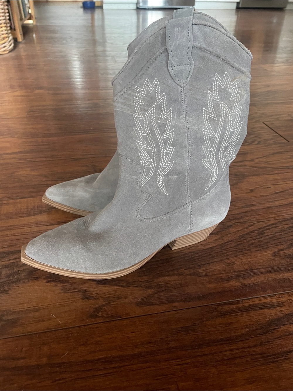 Crown Vintage Gray Suede Western Ankle Boots with Embroidered Shaft